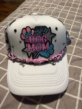 Dog Mom Embroidered Kids Trucker Hat - White with Pink & Teal Accents
